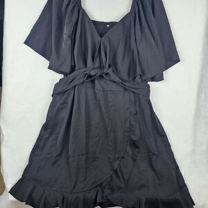 Black Off-The-Shoulder Mini Dress‎  Flutter Sleeves Ruffled Hem Faux Wrap XL
